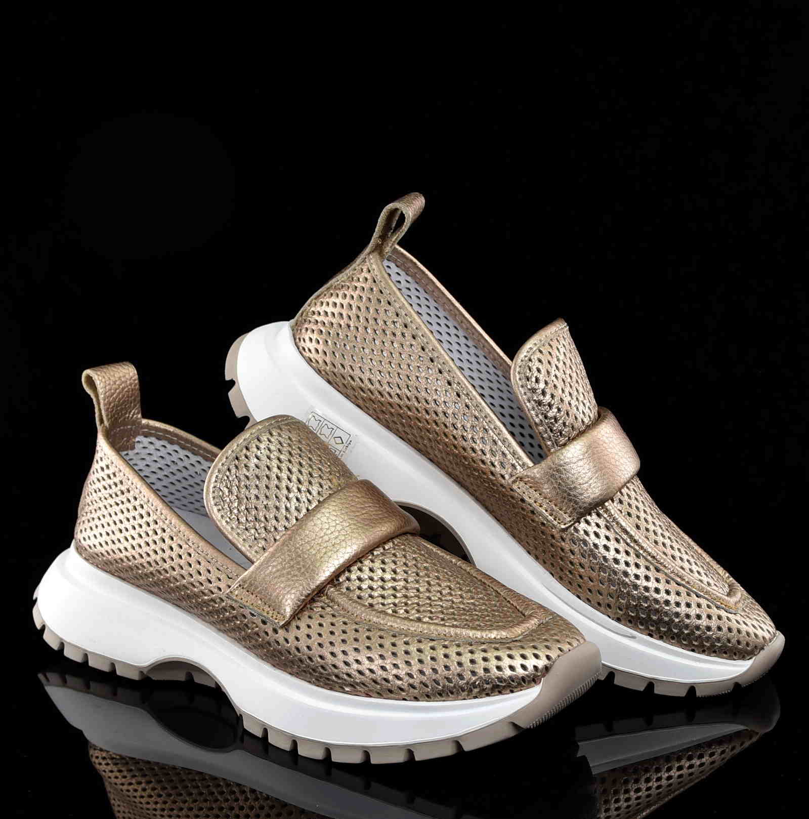 Ażurowe Sportowe Mokasyny Z Naturalnej Skóry Bombonella 735-2040/02 ZŁoty - zdjęcie 6