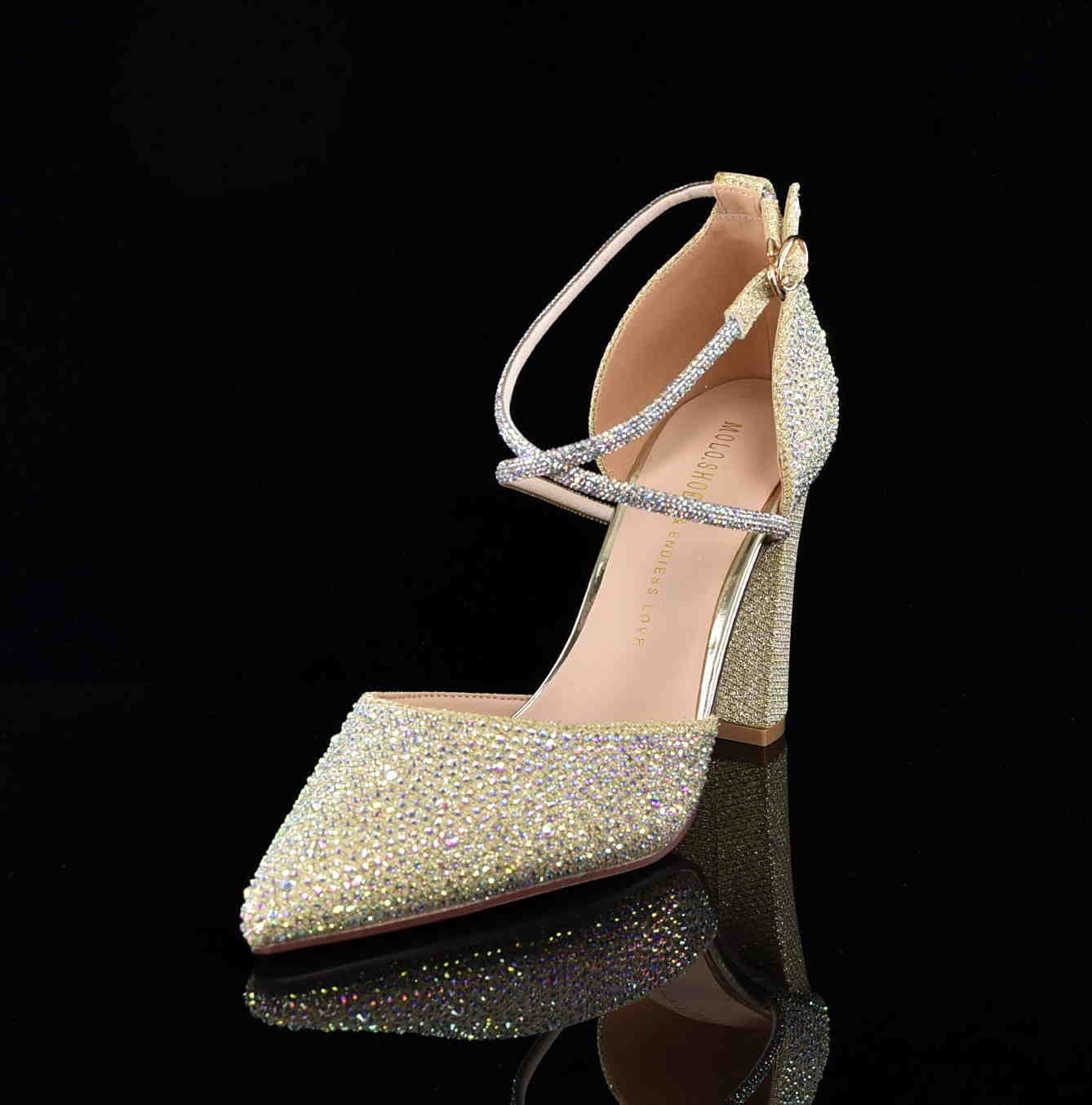 Brokatowe Czółenka Glamour z Cyrkoniami Efekt WOW i Niezrównana Elegancja MOLO 122-50J Gold/Złoty Satyna - zdjęcie 2