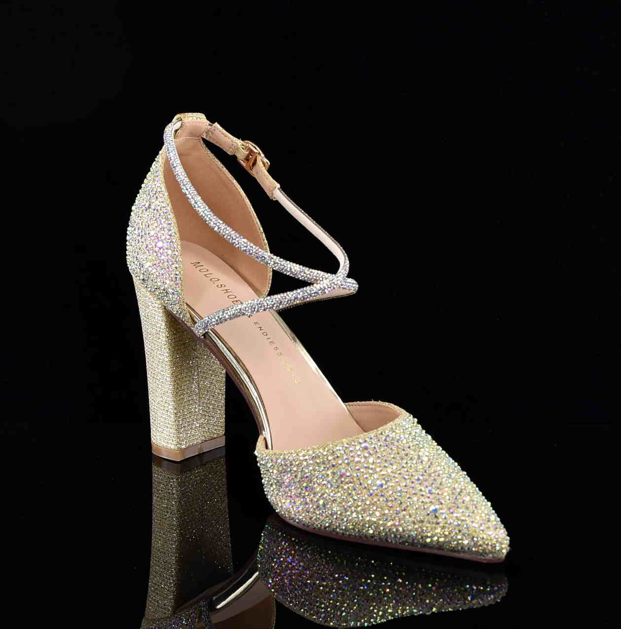 Brokatowe Czółenka Glamour z Cyrkoniami Efekt WOW i Niezrównana Elegancja MOLO 122-50J Gold/Złoty Satyna - zdjęcie 3