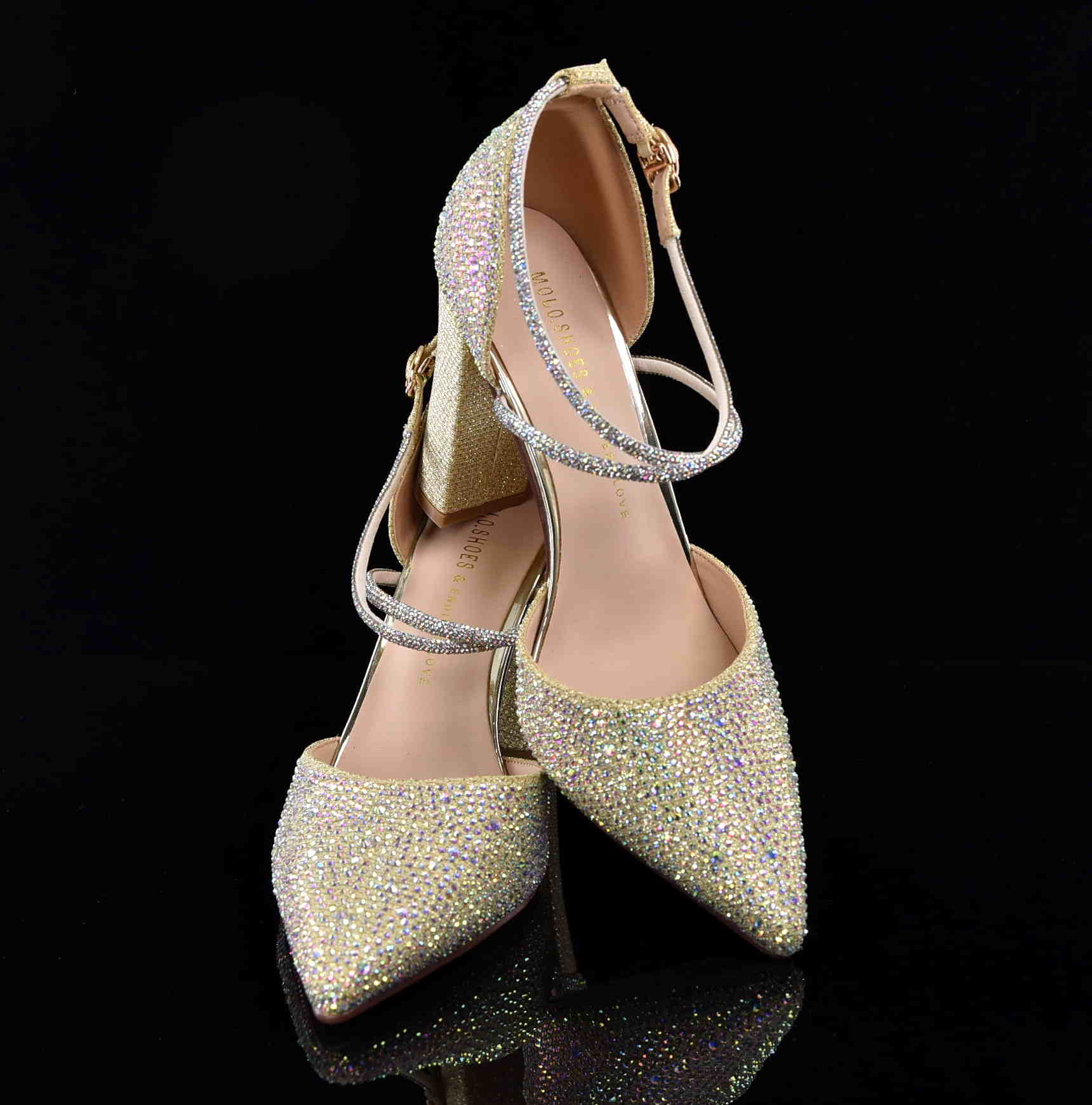 Brokatowe Czółenka Glamour z Cyrkoniami Efekt WOW i Niezrównana Elegancja MOLO 122-50J Gold/Złoty Satyna - zdjęcie 5