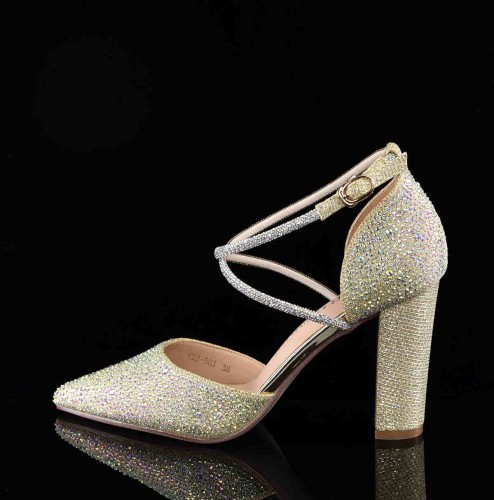 Brokatowe Czółenka Glamour z Cyrkoniami Efekt WOW i Niezrównana Elegancja MOLO 122-50J Gold/Złoty Satyna - zdjęcie 7