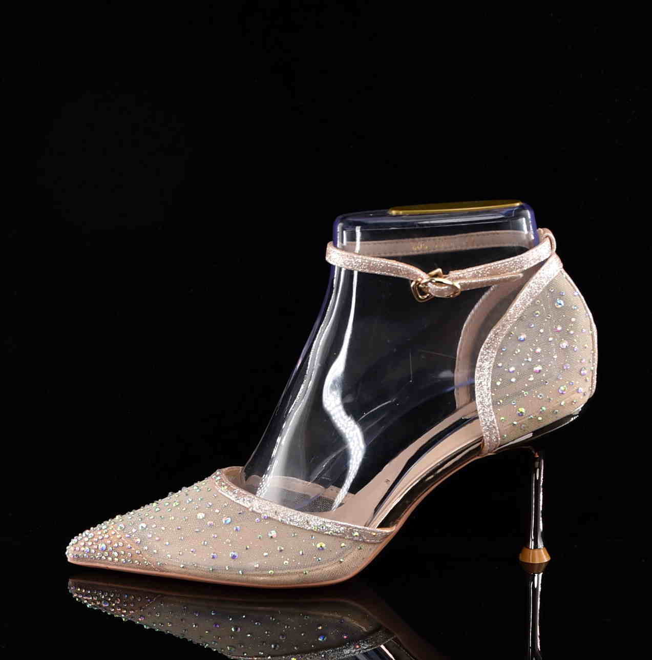 Czółenka Glamour z Cyrkoniami na Szpilce „Princess” – Eleganckie Buty Ślubne z Siateczki MOLO 266-100X Beżowy/ZŁoto-Miedziany