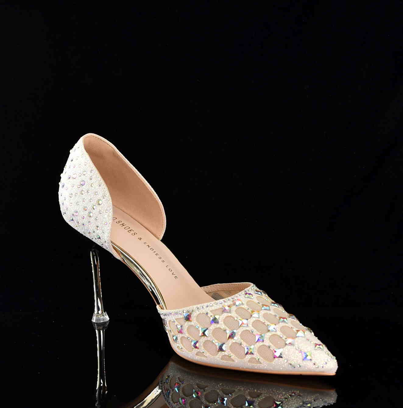 Czółenka Glamour z Cyrkoniami na Szpilce „Princess” – Eleganckie Buty Ślubne z Siateczki MOLO 252-56J Champagne Beżowy/ZŁoto - zdjęcie 2