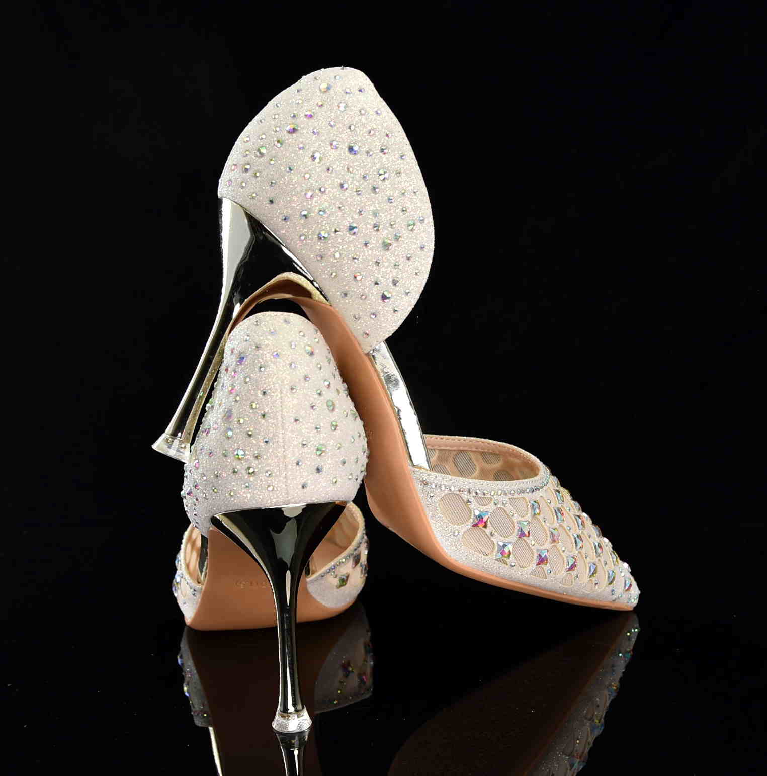 Czółenka Glamour z Cyrkoniami na Szpilce „Princess” – Eleganckie Buty Ślubne z Siateczki MOLO 252-56J Champagne Beżowy/ZŁoto - zdjęcie 3