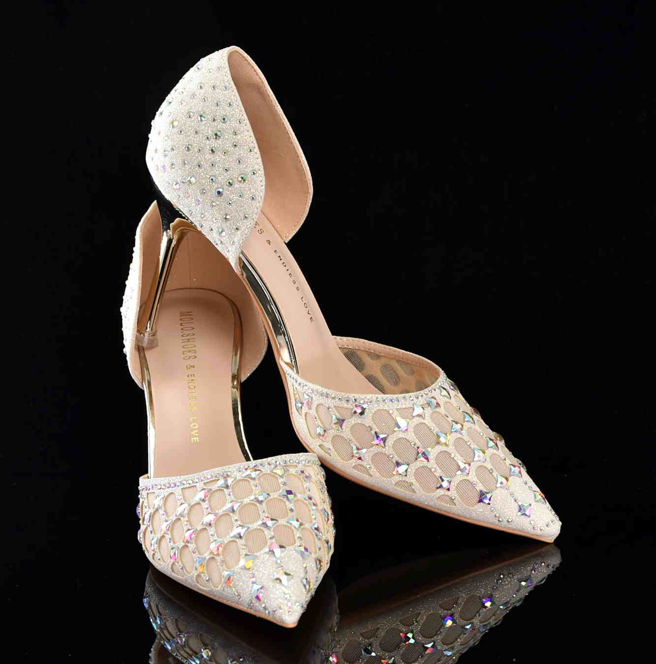 Czółenka Glamour z Cyrkoniami na Szpilce „Princess” – Eleganckie Buty Ślubne z Siateczki MOLO 252-56J Champagne Beżowy/ZŁoto - zdjęcie 4