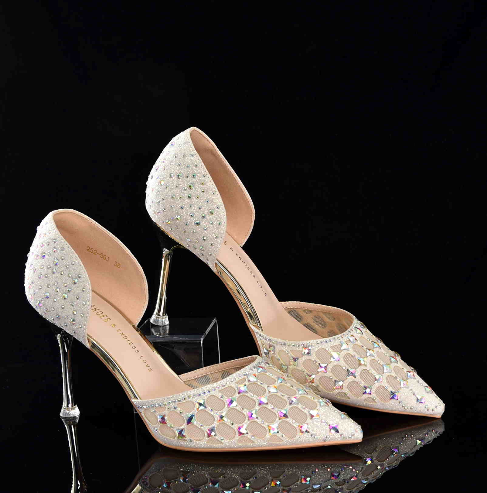 Czółenka Glamour z Cyrkoniami na Szpilce „Princess” – Eleganckie Buty Ślubne z Siateczki MOLO 252-56J Champagne Beżowy/ZŁoto - zdjęcie 5