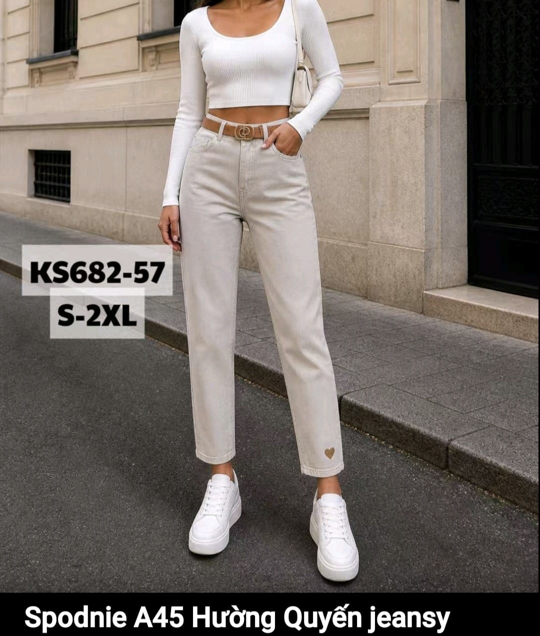 Beżowe jeansy damskie mom fit z wysokim stanem KS682-57