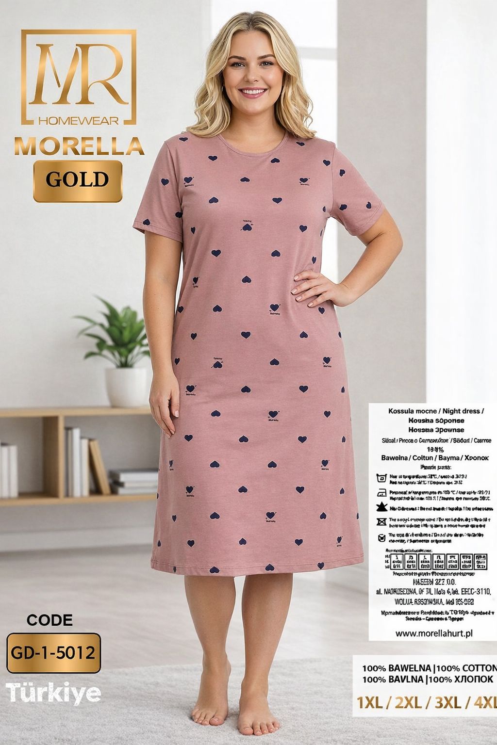 Koszula Nocna z Bawełny Większe Rozmiary Morella GOLD kod;GD-1-5012 Rozmiar; 1XL-2XL-3XL-4XL - zdjęcie 2