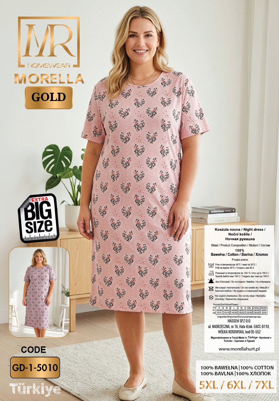 Koszula Nocna z Bawełny Większe Rozmiary PLUS Morella GOLD kod;GD-1-5010 Rozmiar; 5XL-6XL-7XL - zdjęcie 2