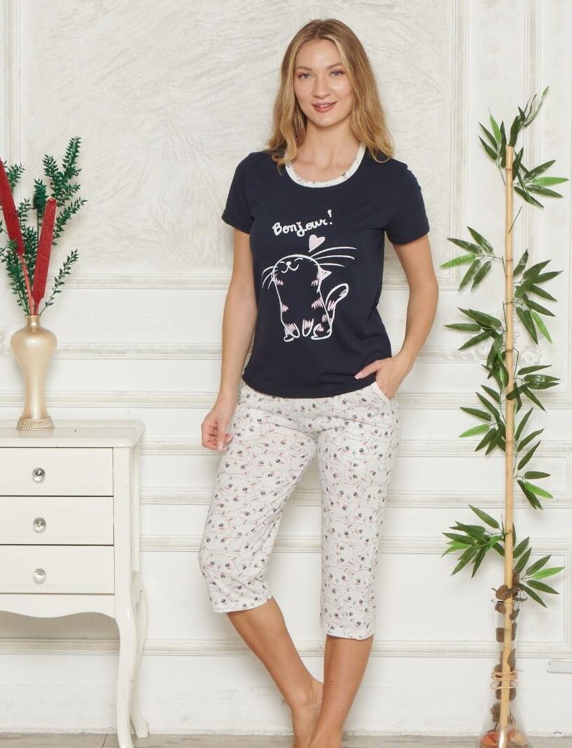 Morella Bawełniana Piżama Damska Krótki Rękaw Spodnie 3/4 kod;8007-1 Rozmiary; M-L-XL-XXL - zdjęcie 1