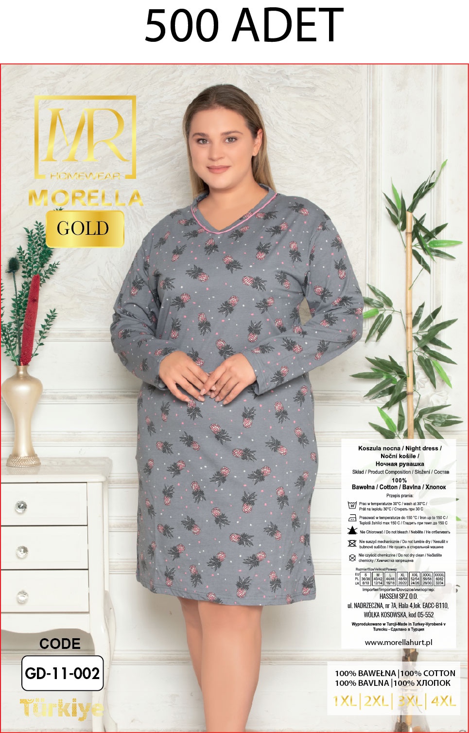 Morella GOLD Bawełna Koszula Nocna Długi rękaw Duże rozmiary kod;GD-11-002 Roz; 1XL- 2XL- 3XL- 4XL - zdjęcie 2