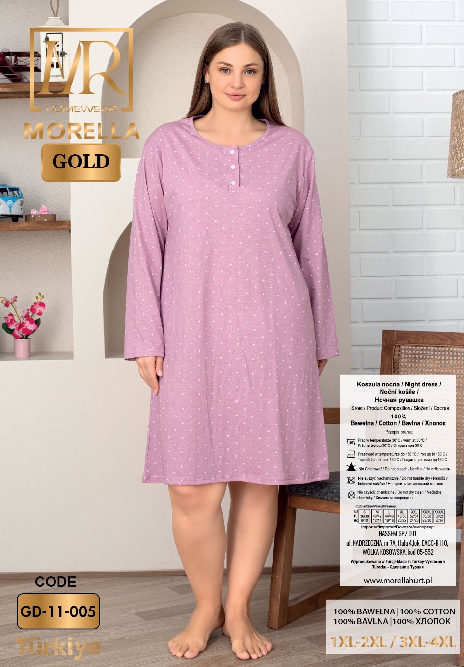Morella GOLD Bawełna Koszula Nocna Długi rękaw Duże rozmiary kod;GD-11-005 Roz; 1XL- 2XL- 3XL- 4XL - zdjęcie 2