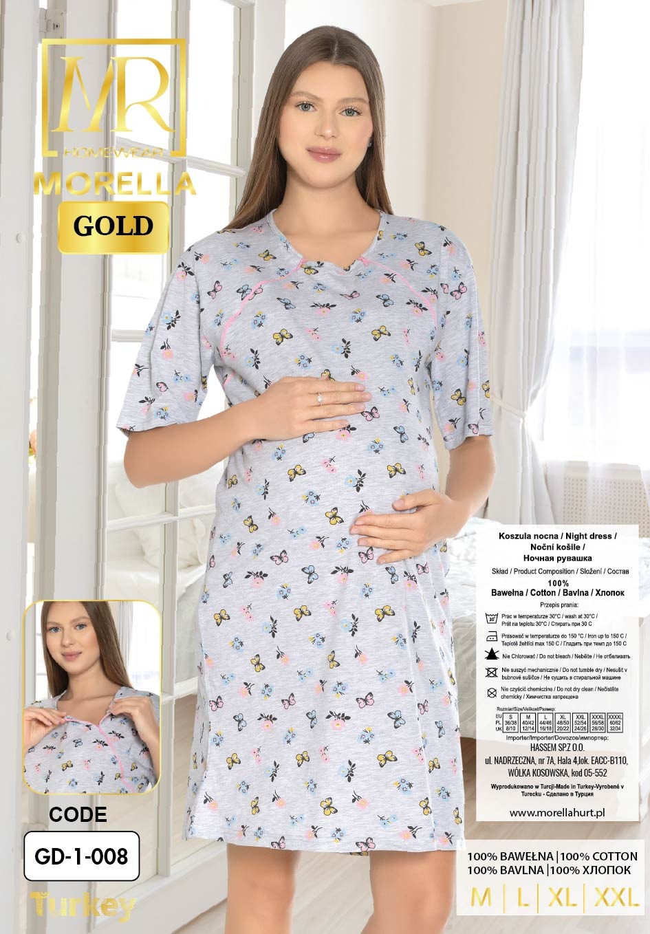 Morella Gold Bawełna Koszula Nocna do Karmienia/Ciążowa na Zamki kod;GD-1-008 Rozmiary;M-L-XL-XXL - zdjęcie 2