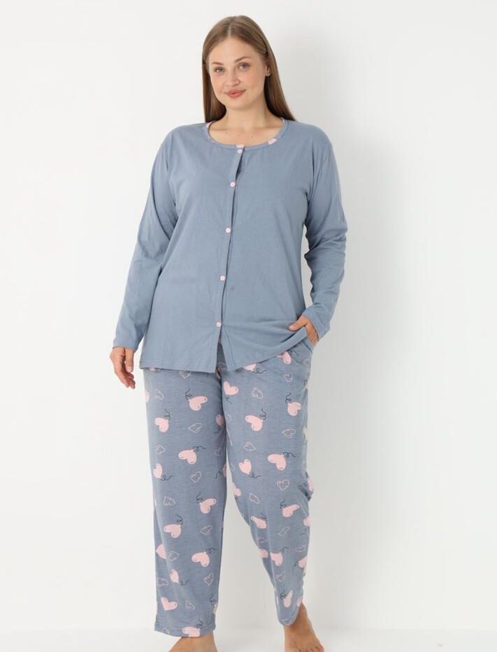 Morella GOLD Bawełna Piżama Damska Długi Rękaw Długie Spodnie Rozpinana kod; 6007 Rozmiary;1XL-2XL-3XL-4XL