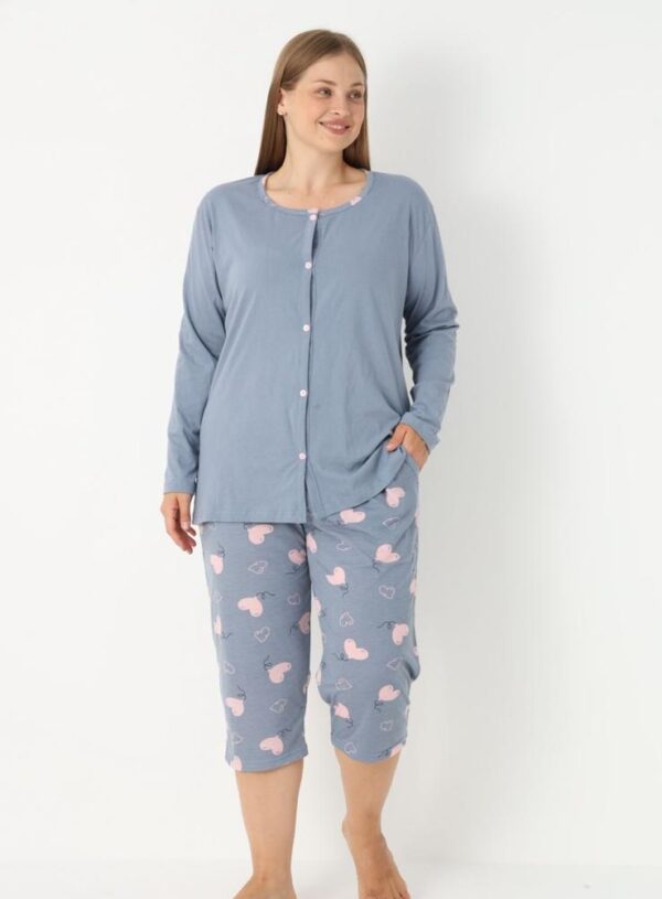 Morella GOLD Bawełna Piżama Damska Długi Rękaw Spodnie 3/4 Rozpinana kod; 9009 Rozmiary;1XL-2XL-3XL-4XL - zdjęcie 3