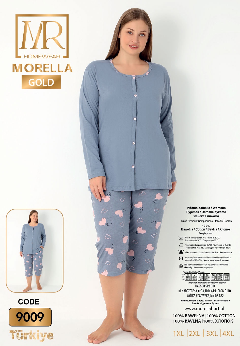 Morella GOLD Bawełna Piżama Damska Długi Rękaw Spodnie 3/4 Rozpinana kod; 9009 Rozmiary;1XL-2XL-3XL-4XL - zdjęcie 2