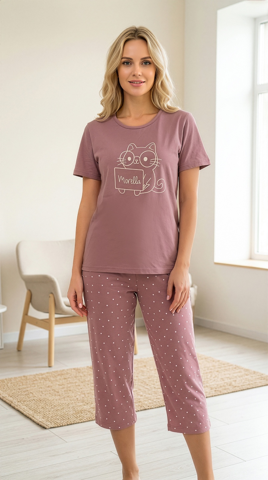 Piżama Damska Bawełna Krótki Rękaw Spodnie 3/4 Morella GOLD kod;GD-1-1014 Rozmiar; S-M-L-XL-XXL