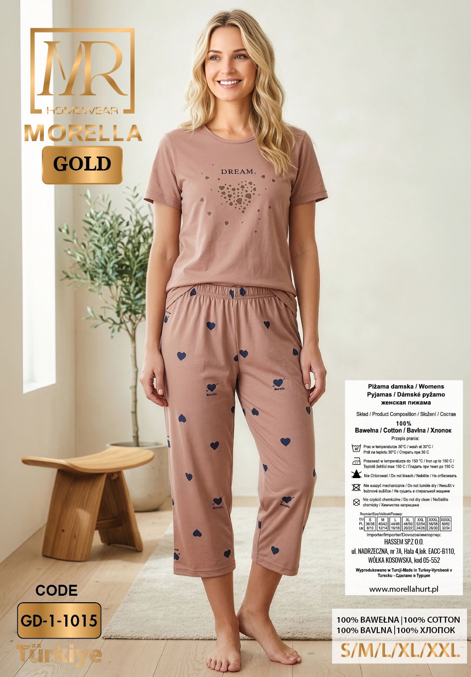 Piżama Damska Bawełna Krótki Rękaw Spodnie 3/4 Morella GOLD kod;GD-1-1015 Rozmiar; S-M-L-XL-XXL - zdjęcie 2