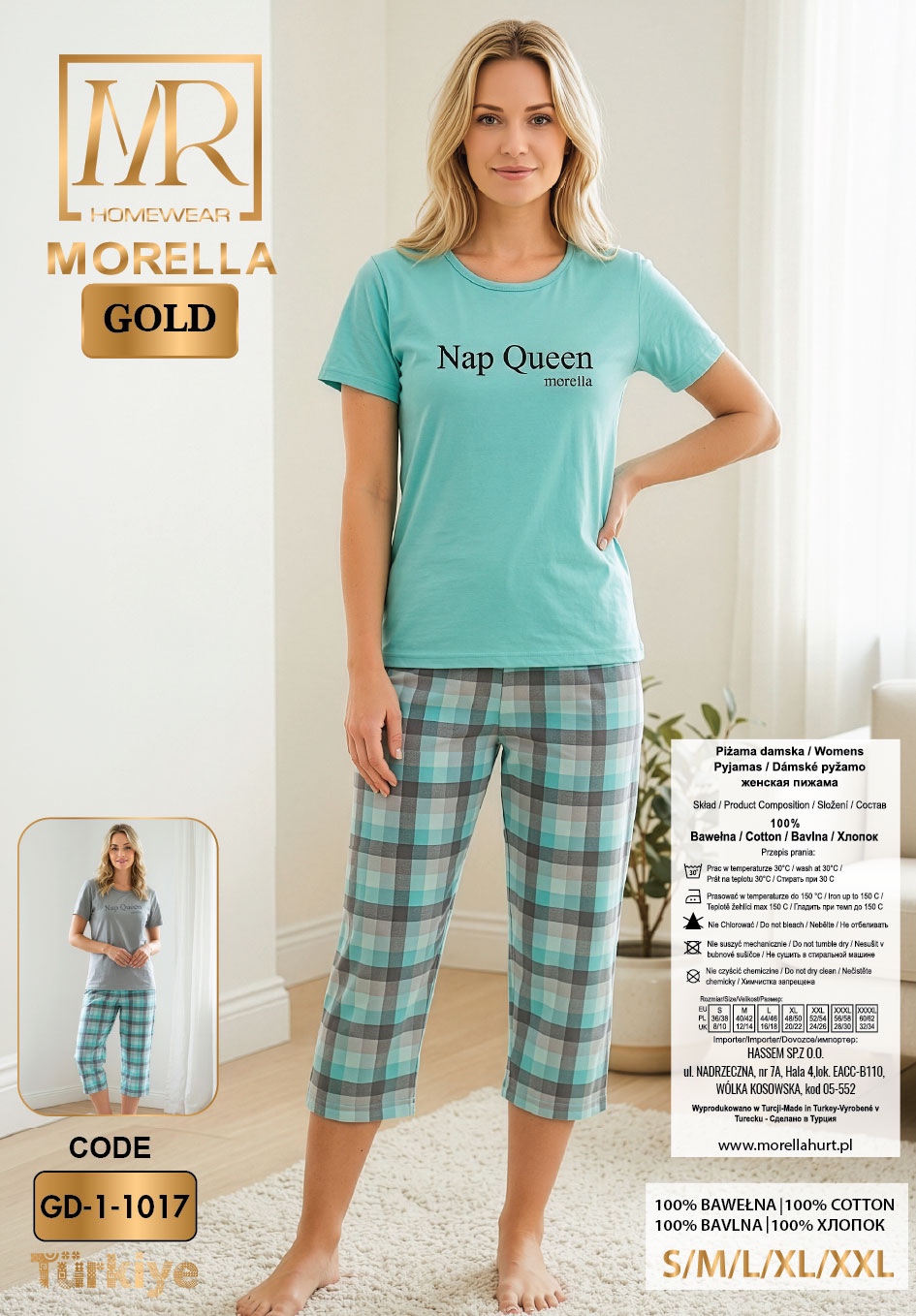 Piżama Damska Bawełna Krótki Rękaw Spodnie 3/4 Morella GOLD kod;GD-1-1017-1 Rozmiar; S-M-L-XL-XXL - zdjęcie 2