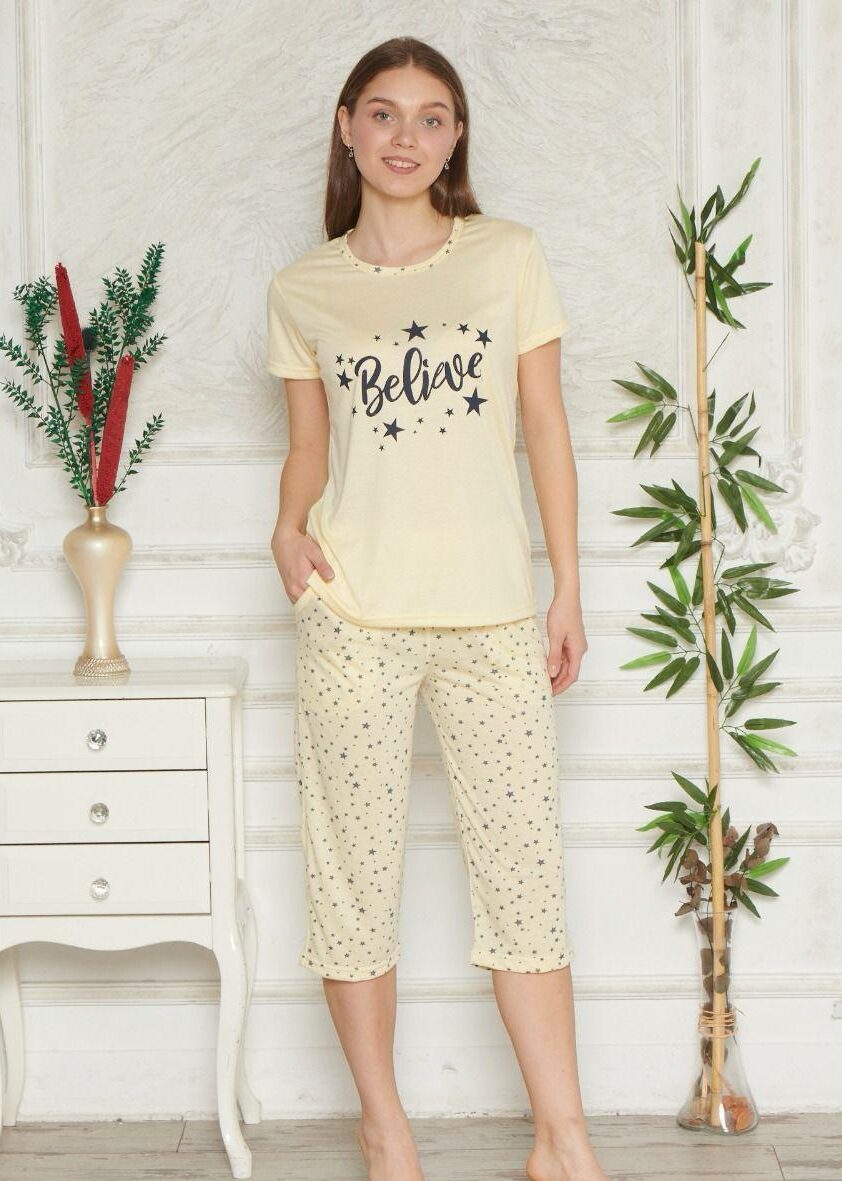 Piżama Damska Krótki Rękaw Spodnie 3/4 Morella GOLD kod;8010-1 Rozmiar; M-L-XL-2XL