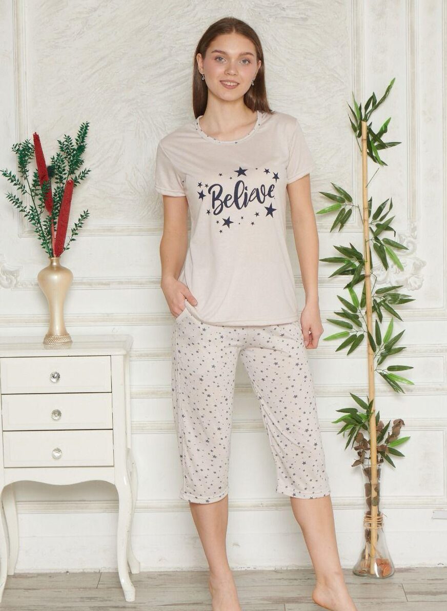 Piżama Damska Krótki Rękaw Spodnie 3/4 Morella GOLD kod;8010-2 Rozmiar; M-L-XL-2XL