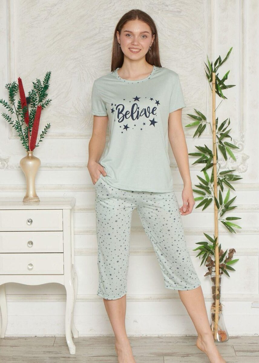 Piżama Damska Krótki Rękaw Spodnie 3/4 Morella GOLD kod;8010 Rozmiar; M-L-XL-2XL