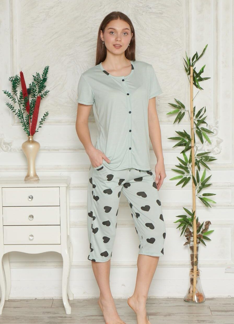 Piżama Damska Krótki Rękaw Spodnie 3/4 Rozpinana Morella GOLD kod;8012-1 Rozmiar; M-L-XL-2XL - zdjęcie 1