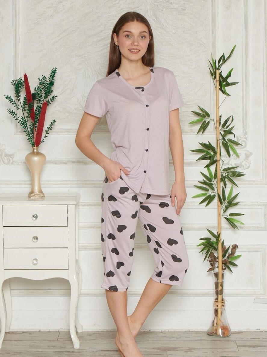 Piżama Damska Krótki Rękaw Spodnie 3/4 Rozpinana Morella GOLD kod;8012 Rozmiar; M-L-XL-2XL