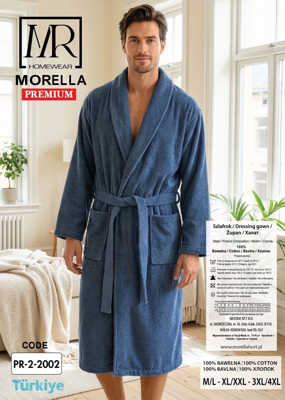 Szlafrok Szalowy Męski BAWEŁNA FROTTE Morella PREMIUM kod;PR-2-2002 Roz; M/L, XL/XXL, 3XL/4XL - zdjęcie 3