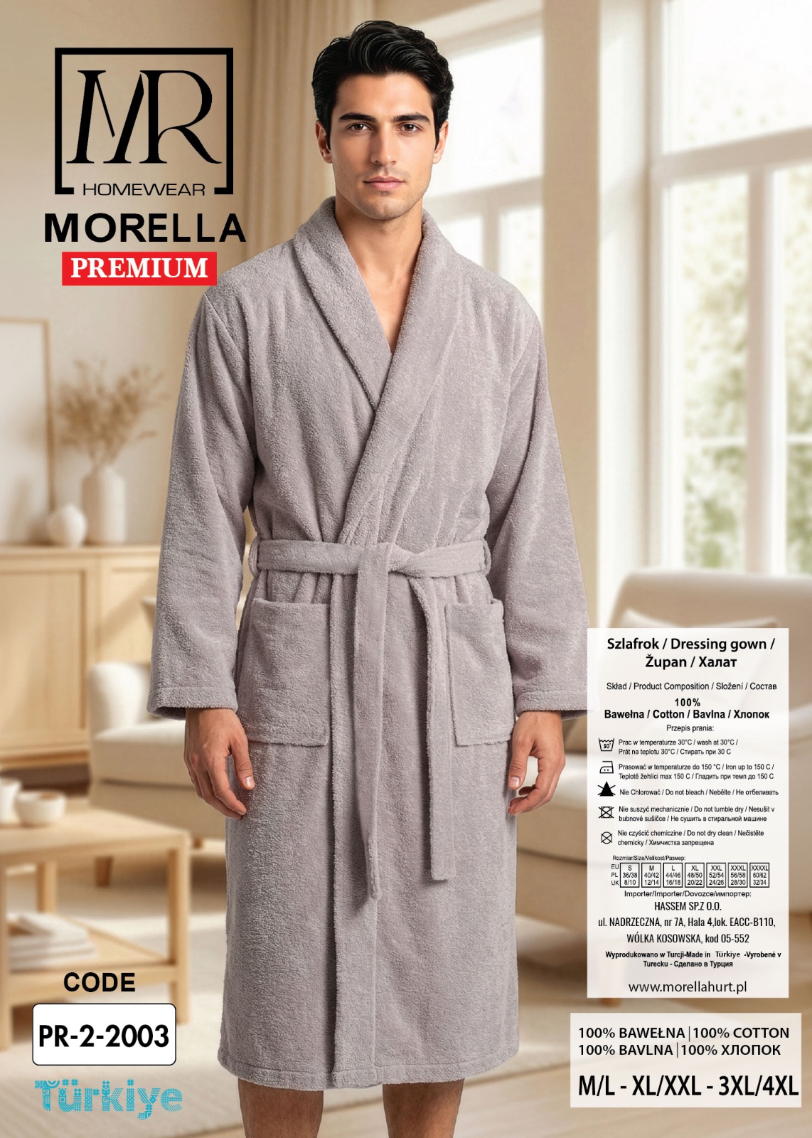 Szlafrok Szalowy Męski BAWEŁNA FROTTE Morella PREMIUM kod;PR-2-2003 Roz; M/L, XL/XXL, 3XL/4XL - zdjęcie 3
