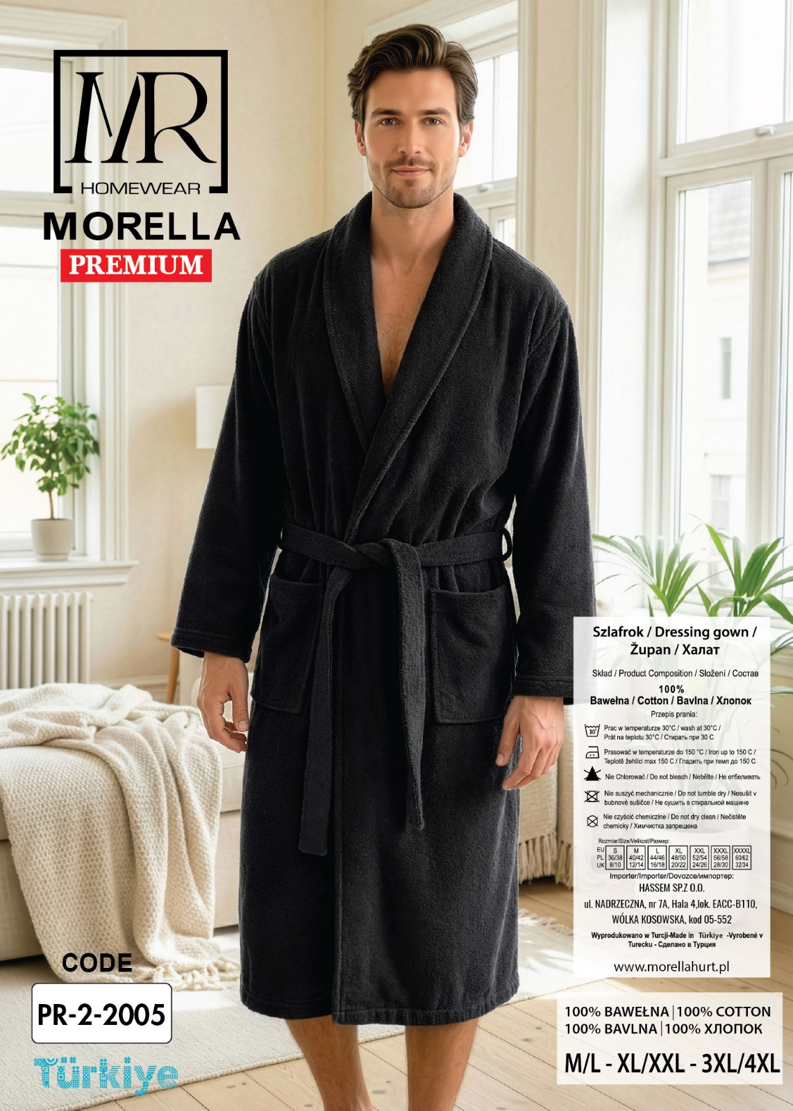 Szlafrok Szalowy Męski BAWEŁNA FROTTE Morella PREMIUM kod;PR-2-2005 Roz; M/L, XL/XXL, 3XL/4XL - zdjęcie 2