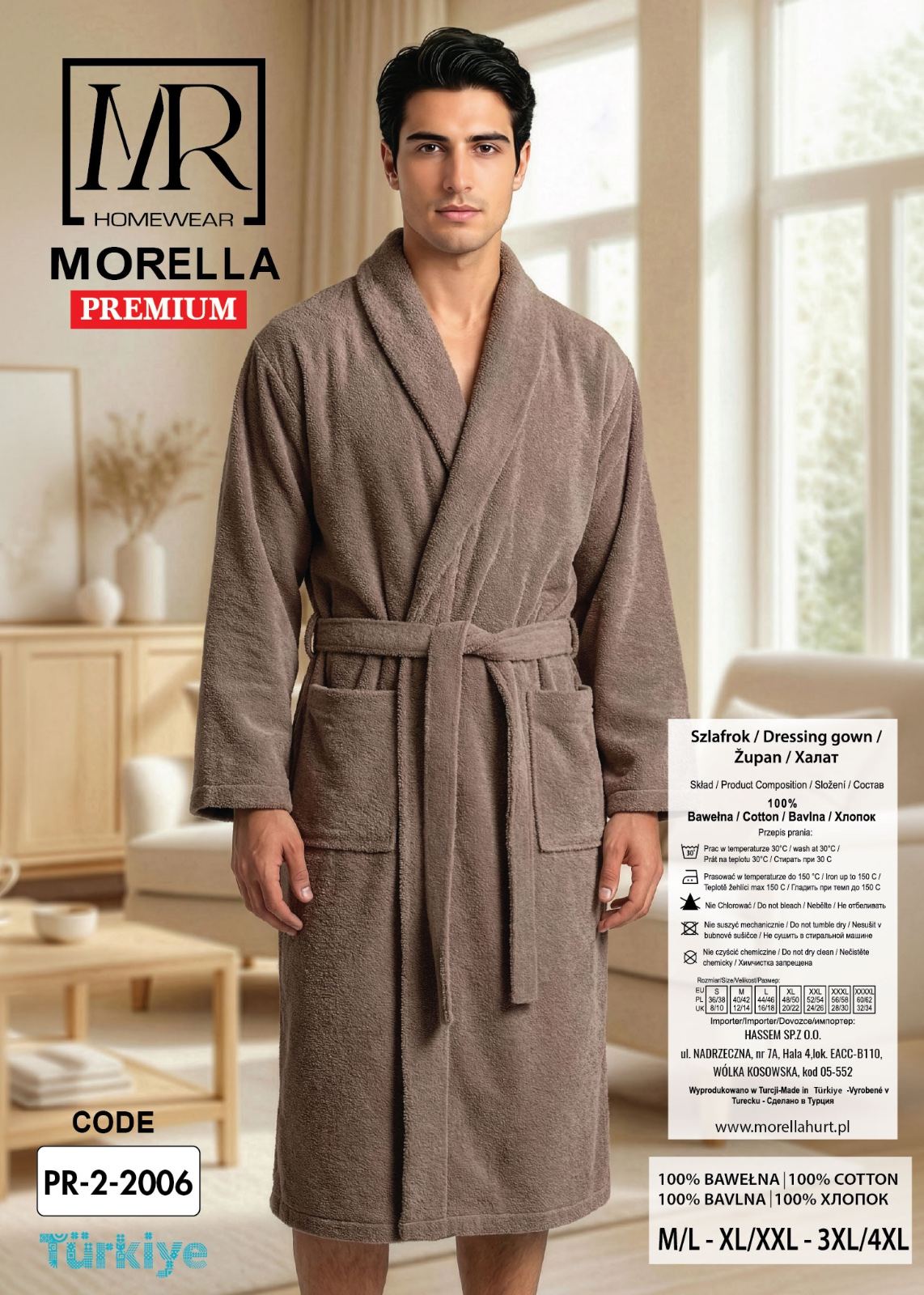 Szlafrok Szalowy Męski BAWEŁNA FROTTE Morella PREMIUM kod;PR-2-2006 Roz; M/L, XL/XXL, 3XL/4XL - zdjęcie 2